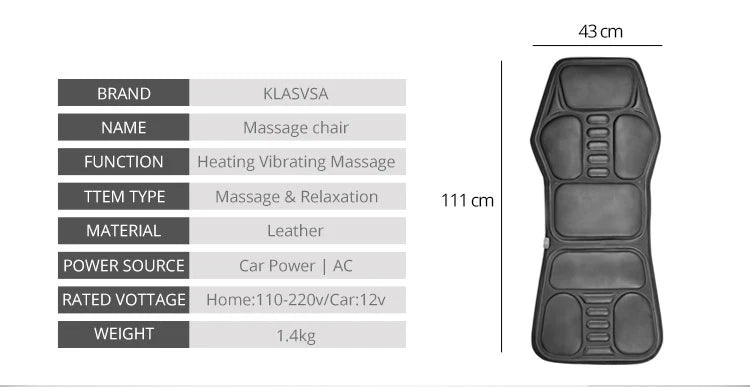 KLASVSA Massageador elétrico de carro para as costas Lombar e Pescoço com aquecimento