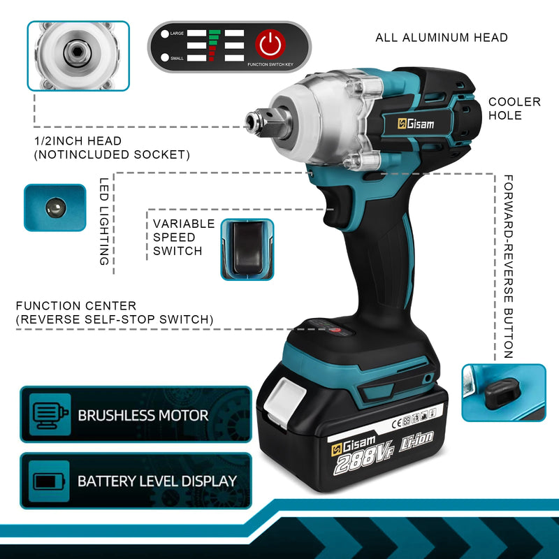 Chave elétrica Gisam 520N.M de 1/2 polegada para ferramentas elétricas de parafusadeira com bateria Makita 18V