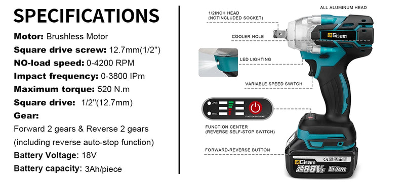 Chave elétrica Gisam 520N.M de 1/2 polegada para ferramentas elétricas de parafusadeira com bateria Makita 18V